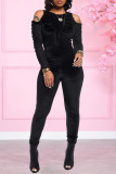 Black Casual Solid Patchwork Fold O Neck Skinny Jumpsuits