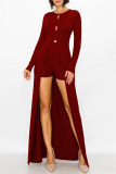 Burgundy Fashion Casual Solid Hollowed Out Slit O Neck Long Sleeve Two Pieces