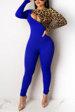 Blue Fashion Leopard Printing Patchwork Zip Jumpsuit