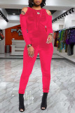 Watermelon Red Casual Solid Patchwork Fold O Neck Skinny Jumpsuits