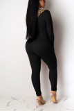 Black Fashion Leopard Printing Patchwork Zip Jumpsuit
