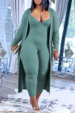 Lake Green Casual Solid Patchwork V Neck Long Sleeve Two Pieces
