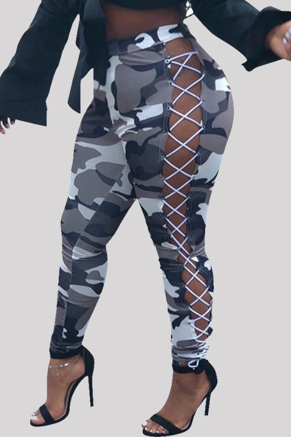 Grey Fashion Casual Camouflage Print Bandage Hollowed Out Regular High Waist Trousers