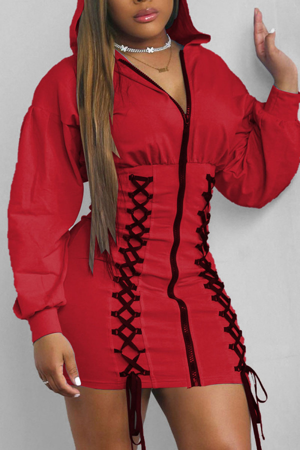 Red Casual Solid Bandage Patchwork Zipper Hooded Collar One Step Skirt Dresses