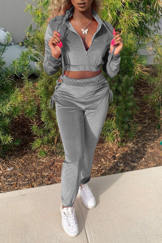Grey Casual Solid Hollowed Out Patchwork Frenulum Fold Zipper Hooded Collar Long Sleeve Two Pieces