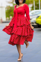 Red Sweet Celebrities Print Polka Dot Patchwork Flounce Square Collar Cake Skirt Dresses