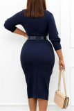 Deep Blue Fashion Casual Solid With Belt V Neck Pencil Skirt Dresses