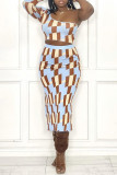 Yellow And Blue Sexy Casual Print Backless Oblique Collar Long Sleeve Two Pieces