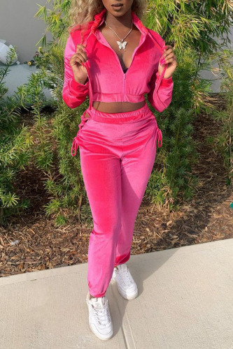 Rose Red Casual Solid Hollowed Out Patchwork Frenulum Fold Zipper Hooded Collar Long Sleeve Two Pieces