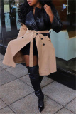 Khaki Fashion Casual Patchwork With Belt Turndown Collar Plus Size Overcoat