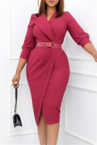 Red Fashion Casual Solid With Belt V Neck Pencil Skirt Dresses