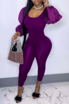 Purple Fashion Casual Solid Patchwork O Neck Skinny Jumpsuits