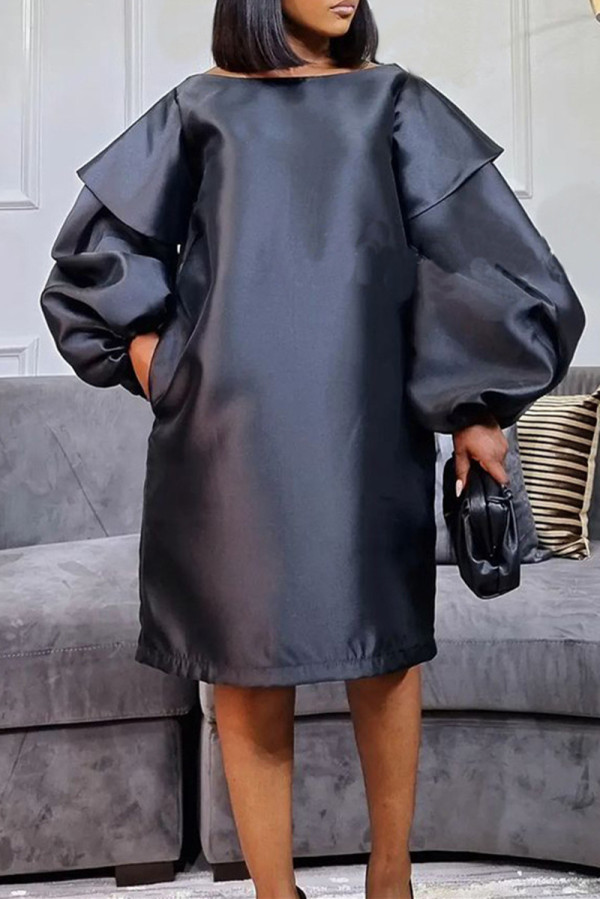 Black Fashion Casual Solid Basic O Neck Long Sleeve Dresses