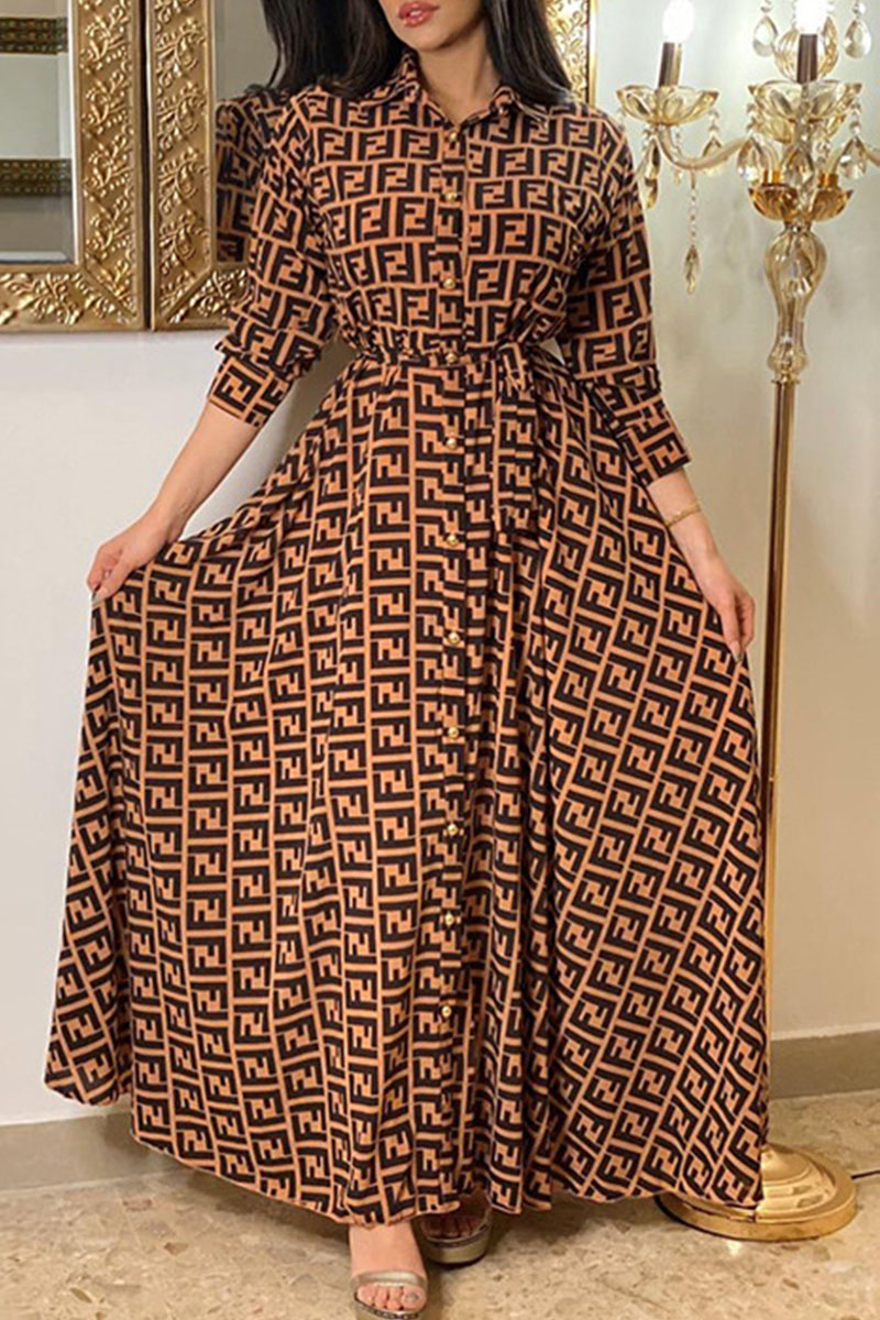 

Brown Casual Print Bandage Split Joint Buckle Turndown Collar Shirt Dress Dresses