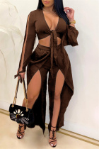 Brown Sexy Casual Solid Bandage Slit V Neck Long Sleeve Two Pieces