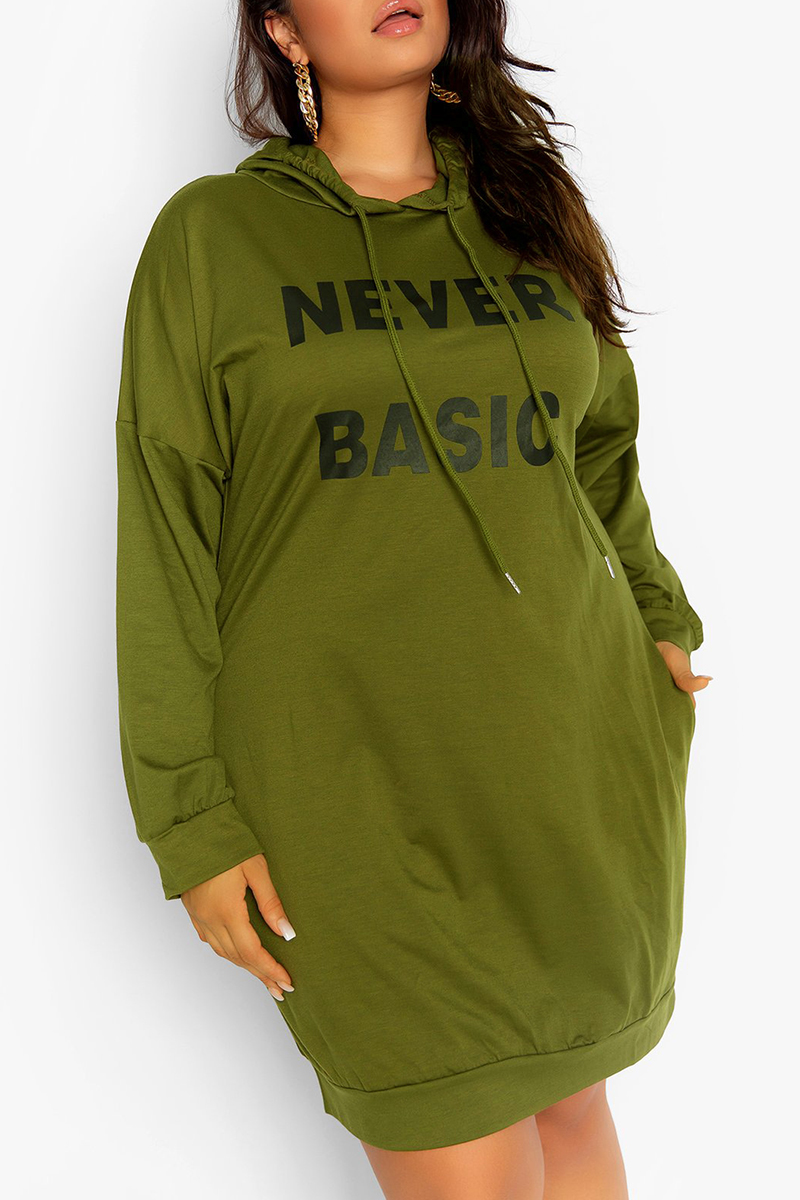 

Army Green Fashion Casual Letter Print Basic Hooded Collar Long Sleeve Plus Size Dresses