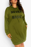 Green Fashion Casual Letter Print Basic Hooded Collar Long Sleeve Plus Size Dresses