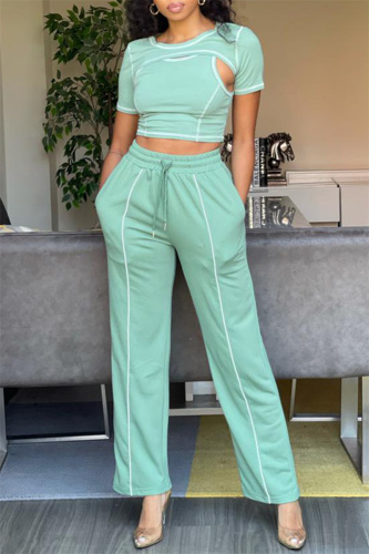 Green Fashion Casual Solid Patchwork O Neck Short Sleeve Three-piece Set