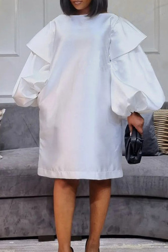 White Fashion Casual Solid Basic O Neck Long Sleeve Dresses