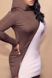 Brown Fashion Casual Patchwork Zipper Hooded Collar Long Sleeve Dresses