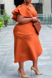 Orange Fashion Casual Plus Size Solid Split Joint O Neck Irregular Dress (Without Belt )