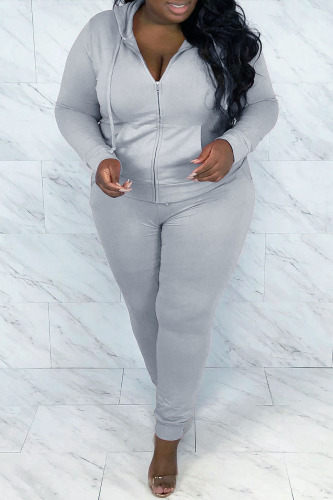 Grey Casual Solid Hot Drill Hooded Collar Plus Size Two Pieces