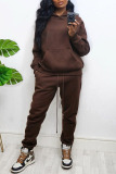 Coffee Casual Solid Patchwork Pocket Hooded Collar Long Sleeve Two Pieces