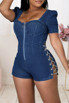 Dark Blue Fashion Casual Solid Patchwork Backless Square Collar Skinny Romper