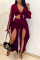 Burgundy Sexy Casual Solid Bandage Slit V Neck Long Sleeve Two Pieces