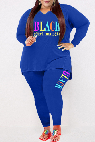 Blue Fashion Casual Letter Print Slit V Neck Plus Size Two Pieces