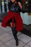 Red Fashion Casual Patchwork With Belt Turndown Collar Plus Size Overcoat