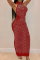 Red Fashion Sexy Patchwork Hot Drilling See-through Halter Sleeveless Dress