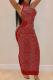 Red Fashion Sexy Patchwork Hot Drilling See-through Halter Sleeveless Dress