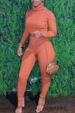 Tangerine Red Casual Solid Patchwork Turtleneck Long Sleeve Two Pieces