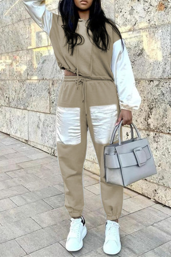 Brown Fashion Casual Patchwork Basic O Neck Long Sleeve Two Pieces