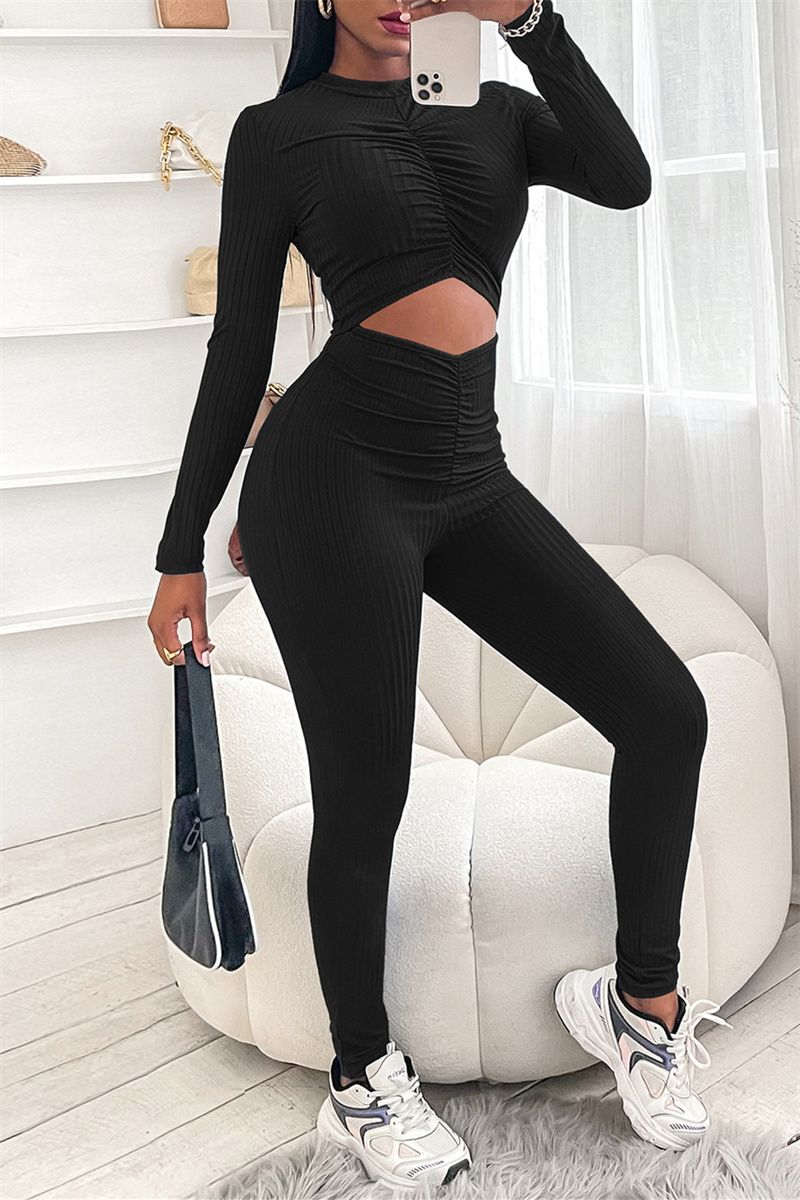 

Black Fashion Casual Solid Hollowed Out O Neck Skinny Jumpsuits