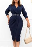 Deep Blue Fashion Casual Solid With Belt V Neck Pencil Skirt Dresses