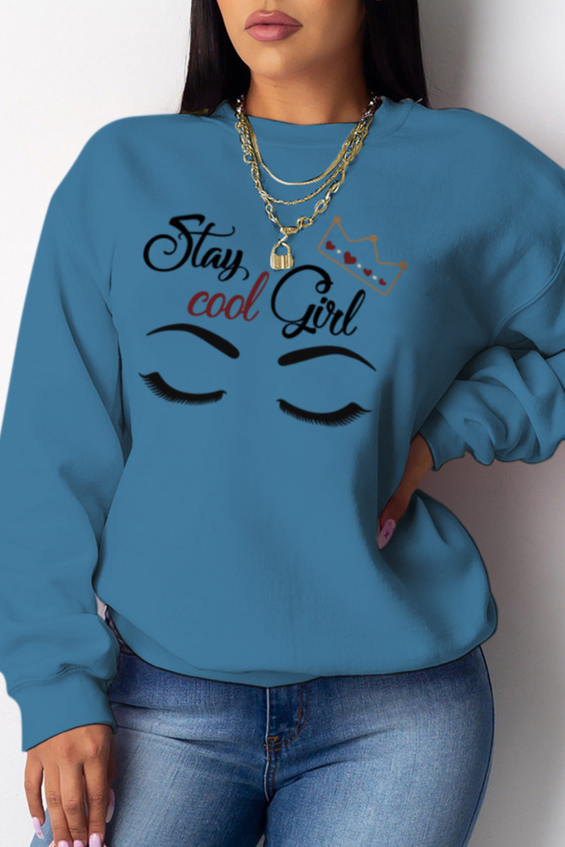 

Blue Casual Street Print Split Joint O Neck Tops