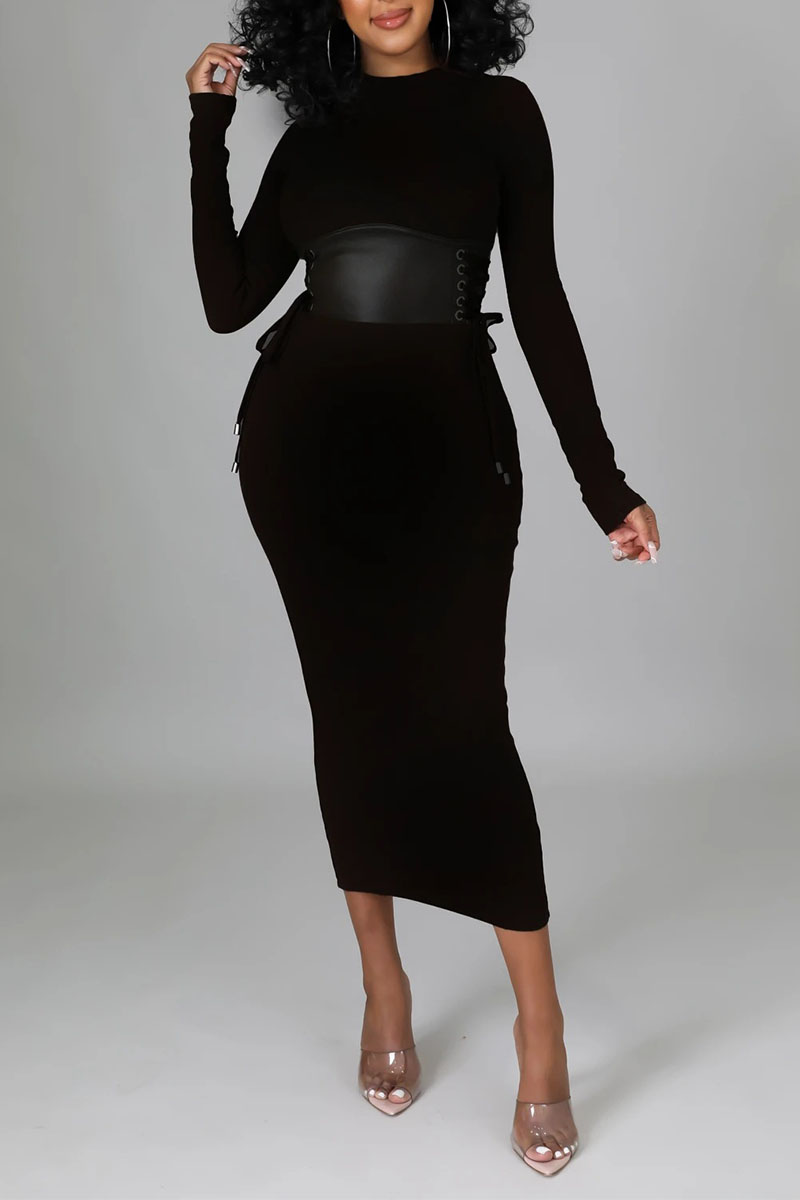 

Black Elegant Solid Split Joint Frenulum O Neck One Step Skirt Dresses