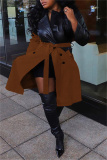 Khaki Fashion Casual Patchwork With Belt Turndown Collar Plus Size Overcoat