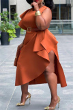 Orange Fashion Casual Plus Size Solid Split Joint O Neck Irregular Dress (Without Belt )