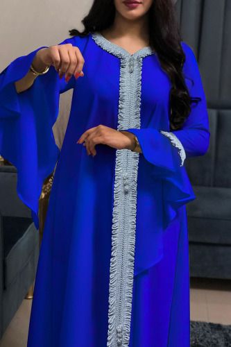Blue Casual Solid Patchwork V Neck Straight Dresses