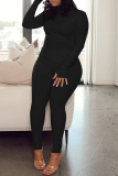 Black Fashion Casual Solid Basic Turtleneck Long Sleeve Two Pieces