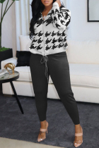 Black White Fashion Casual Print Patchwork Hooded Collar Long Sleeve Two Pieces