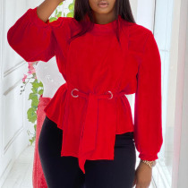 Red Casual Solid Bandage Patchwork With Belt O Neck Plus Size Tops