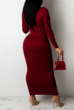 Burgundy Sexy Solid Hollowed Out Patchwork Frenulum O Neck One Step Skirt Dresses