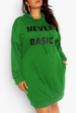 Green Fashion Casual Letter Print Basic Hooded Collar Long Sleeve Plus Size Dresses