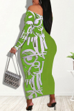Green Fashion Sexy Print Patchwork Bateau Neck Printed Dress