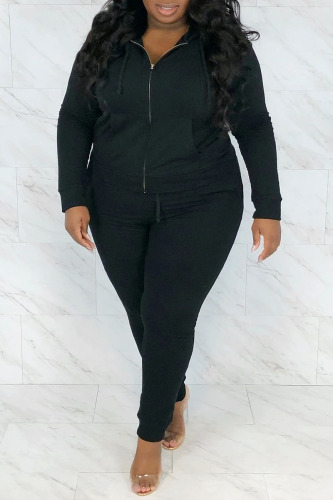 Black Casual Solid Hot Drill Hooded Collar Plus Size Two Pieces