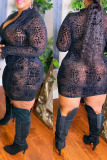 Black Sexy Print Patchwork Zipper Collar One Step Skirt Plus Size Dresses